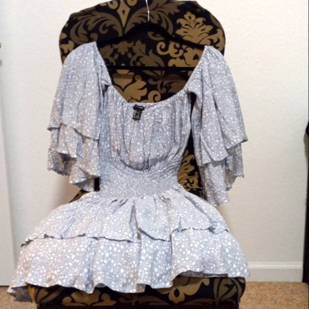 Women's Blue and White Ruffled Dress With Mesh Waist